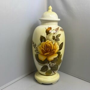 Vintage Artist Signed Ceramic Yellow Rose Ginger Jar w/ Lid on Stand Chinoiserie
